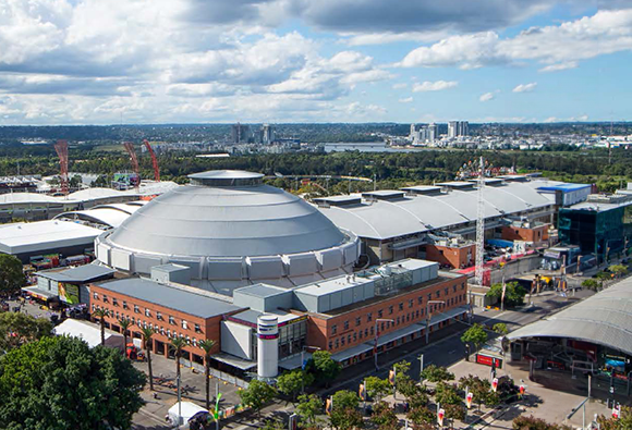 Aerial view of the Sydney Showground with the Dome building and surrounding precinct.