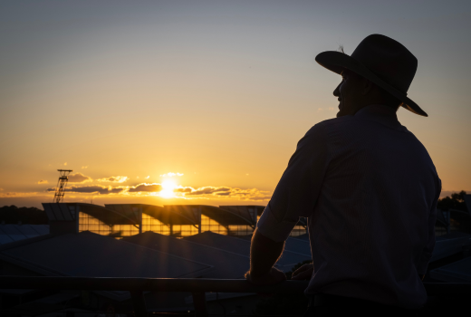 Silhouette of a man in an Akubra hat watching the sunset over showground rooftops.