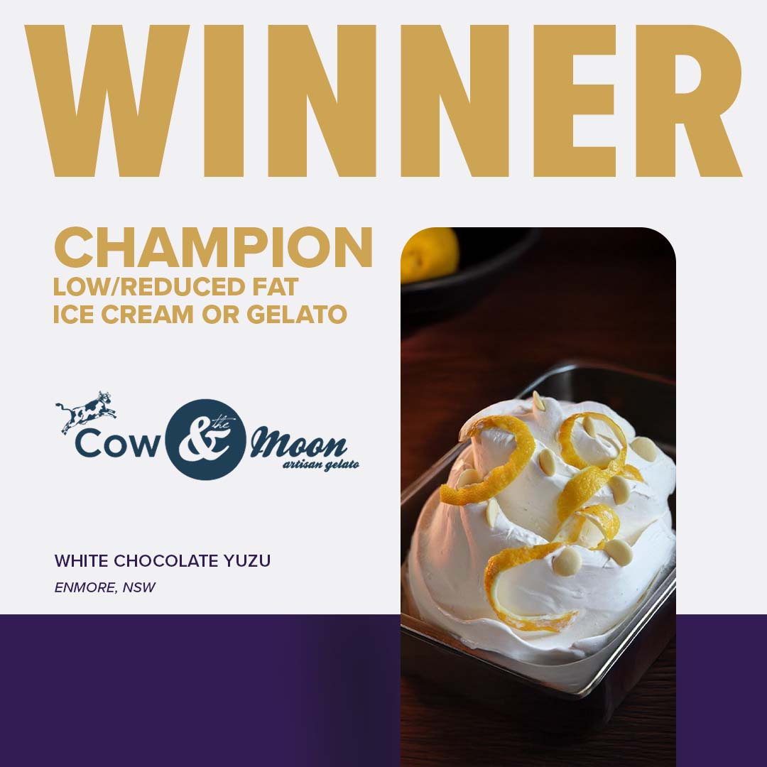 A tub of white gelato with lemon zest and white chocolate chips, awarded Champion Low or Reduced Fat Ice Cream or Gelato at the Sydney Royal Cheese and Dairy Show.