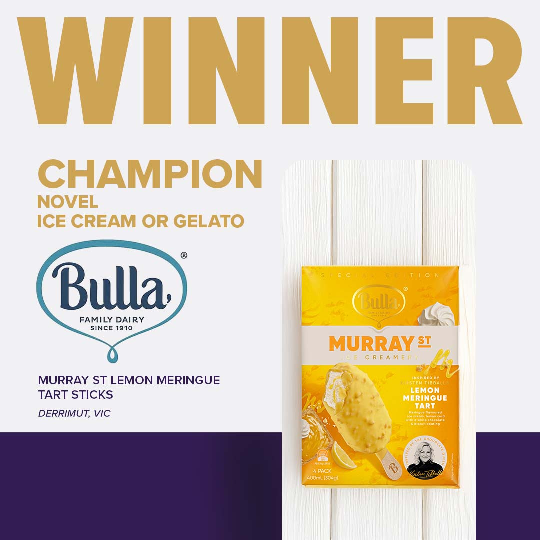 A bright yellow package of Bulla Murray St Lemon Meringue Tart Sticks, awarded Champion Novel Ice Cream or Gelato at the Sydney Royal Cheese and Dairy Show.