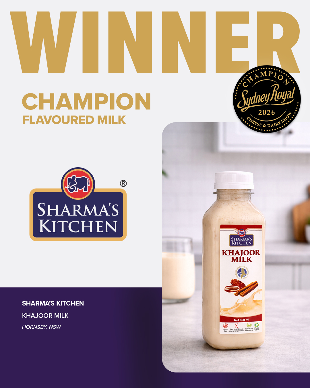 Khajoor Milk by Sharma’s Kitchen, Champion Flavoured Milk at the 2026 Sydney Royal Cheese and Dairy Produce Show