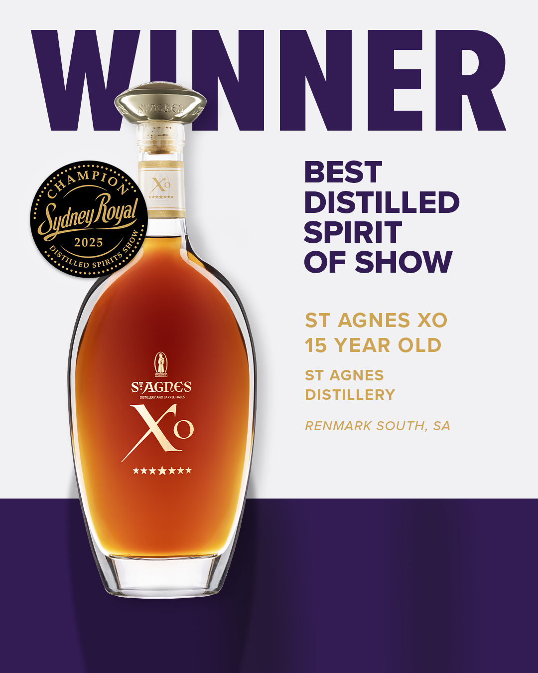 Deep amber spirit in a curved glass decanter with gold stopper, awarded 2025 Sydney Royal Distilled Spirits Winner.
