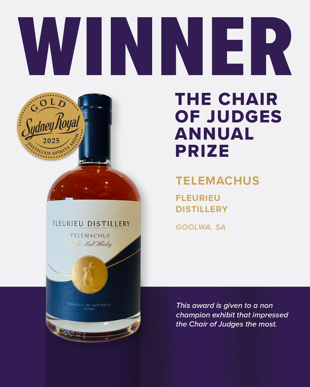 Golden whisky bottle with  a navy blue wax cap, and a blue, white and gold label, awarded Sydney Royal Distilled Spirits 2025 Winner.