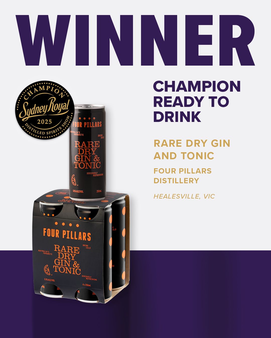 Four-pack of tall black cans with orange text and four polka dots lined vertically, awarded 2025 Sydney Royal Distilled Spirits Winner.